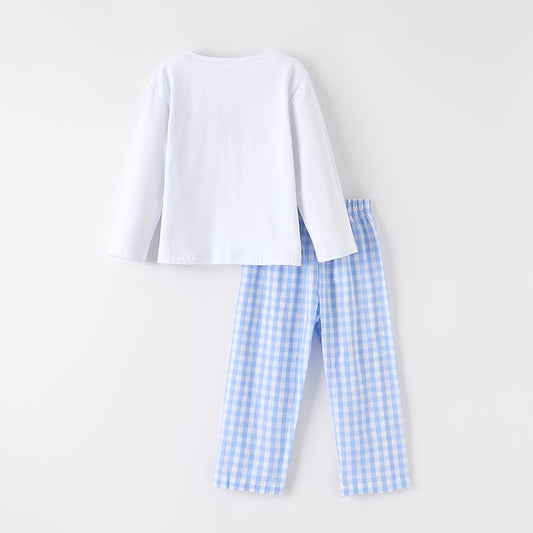 Boys Halloween Fall Pumpkin Embroidery Smock Blue Plaid Pant Set