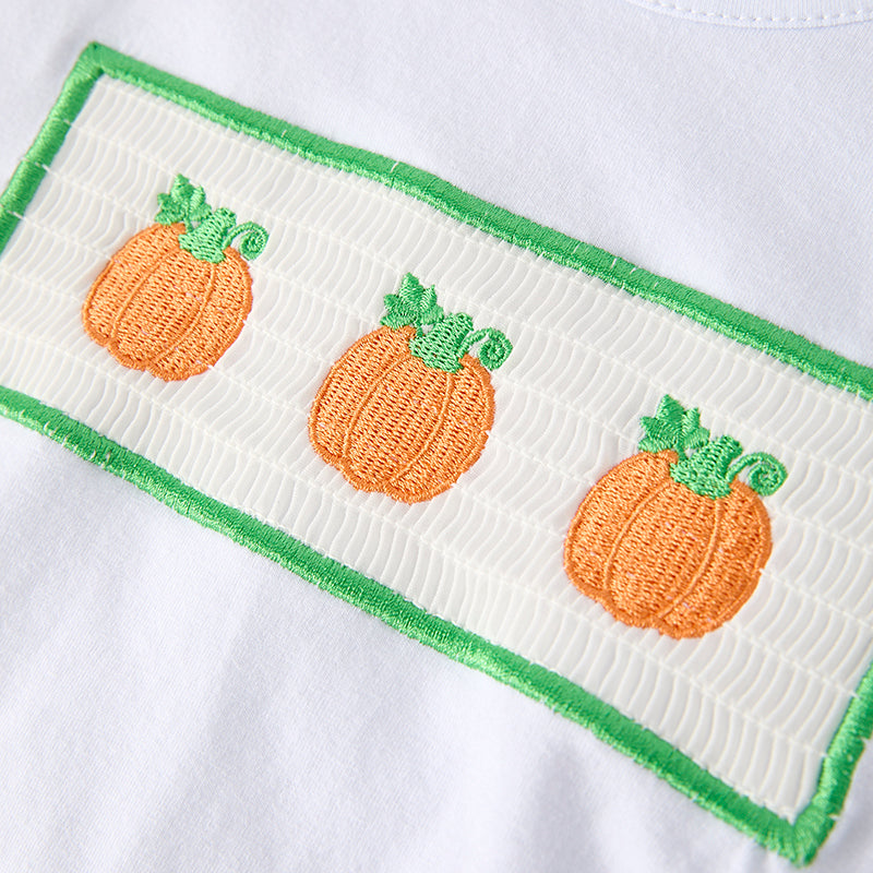 Boys Halloween Fall Pumpkin Embroidery Smock Blue Plaid Pant Set