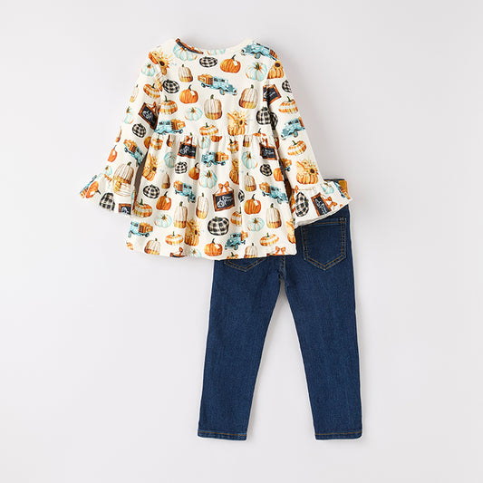 Girls Halloween Fall Pumpkin Denim Pant Set