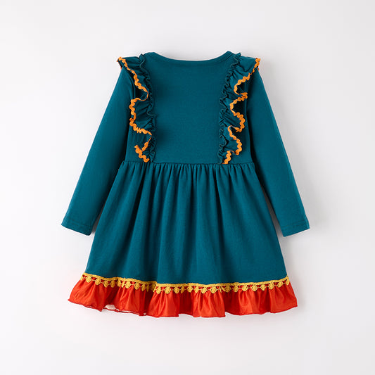 Girls Thanksgiving Turkey Embroidery Long Sleeves Dress