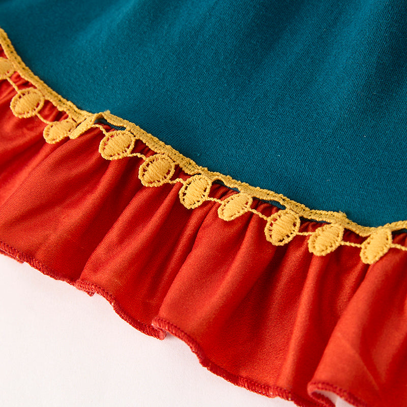 Girls Thanksgiving Turkey Embroidery Long Sleeves Dress