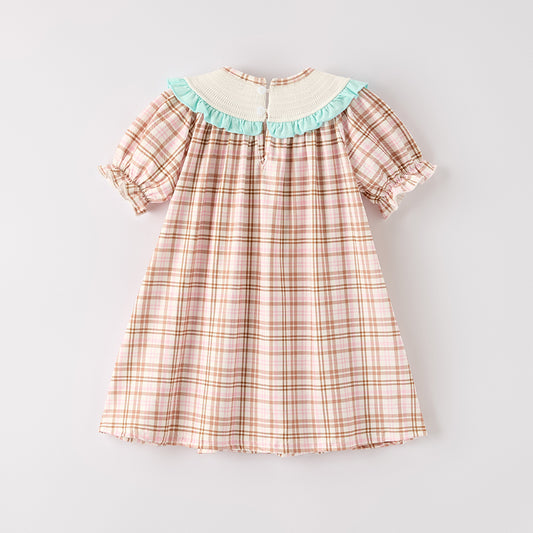 Girls Thanksgiving Turkey Smock Embroidery Plaid Dress