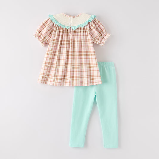 Girls Thanksgiving Turkey Smock Embroidery Plaid Pant Set