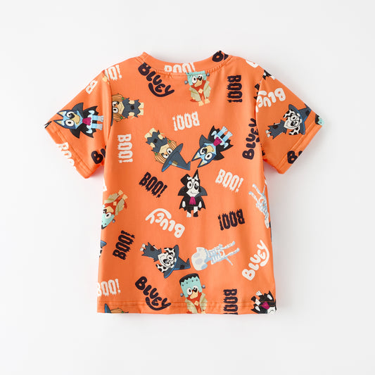 Boys Fall Halloween Orange BOO Cartoon Print Short Sleeves Top