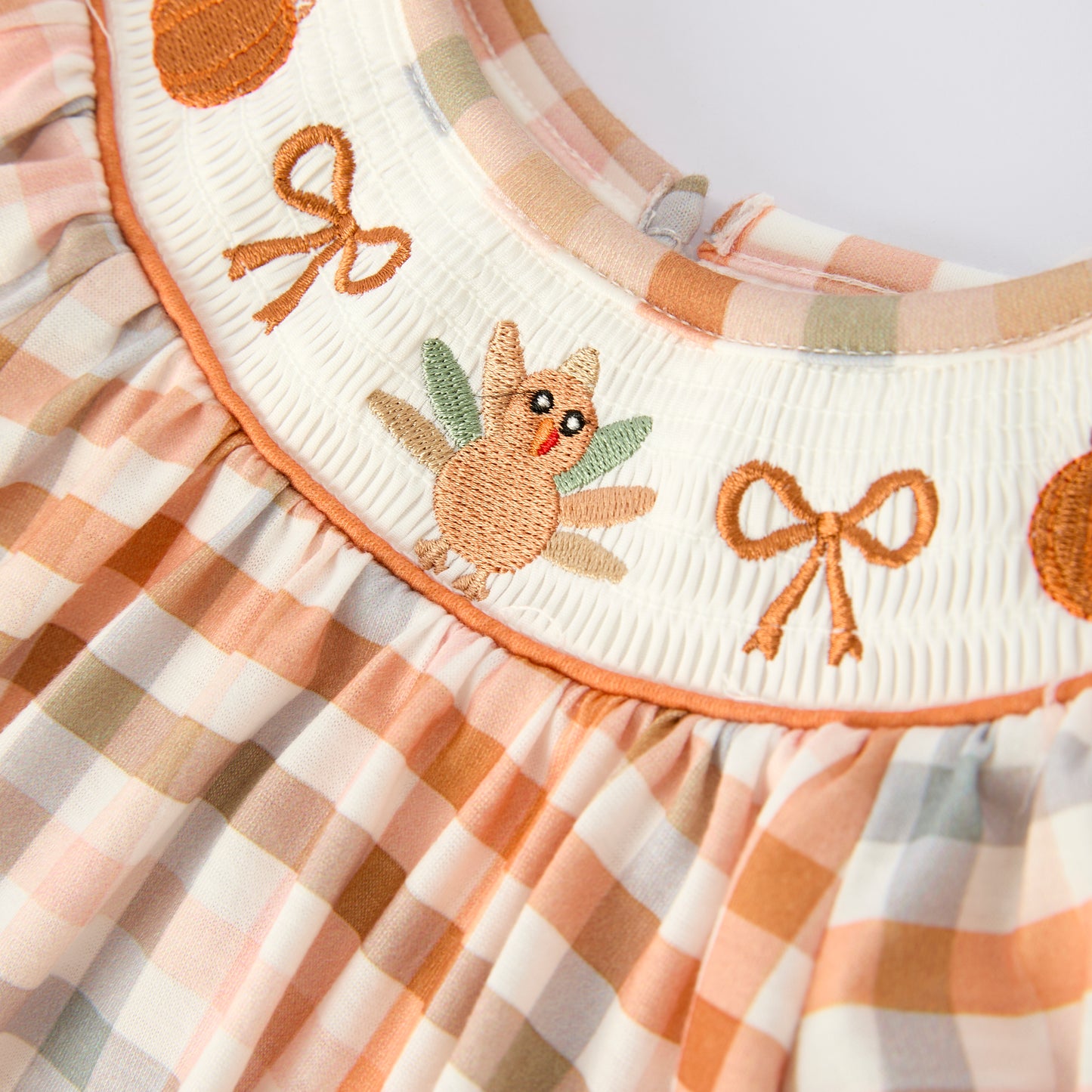 Thanksgiving Pumpkin Turkey Bow Embroidery Smock Fall Bubble Romper