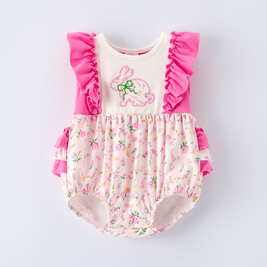 Kids Easter Pink Floral Bunny Collection Embroidery Outfits