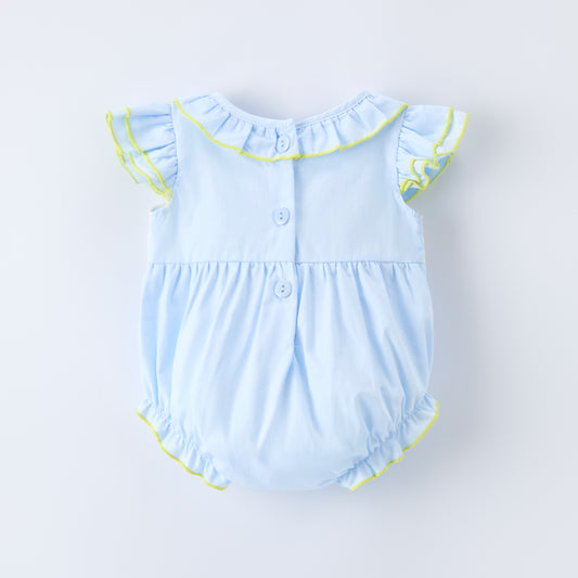 Girls Easter Bunny Eggs Cross Embroidery Smocked Blue Bubble Romper