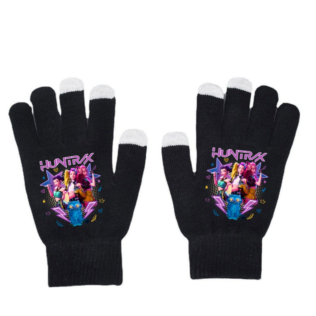 K-Pop Demon Hunters Kids Gloves for Boys and Girls Warm Dopamine Style Knitted Printed Gloves for Fall and Winter