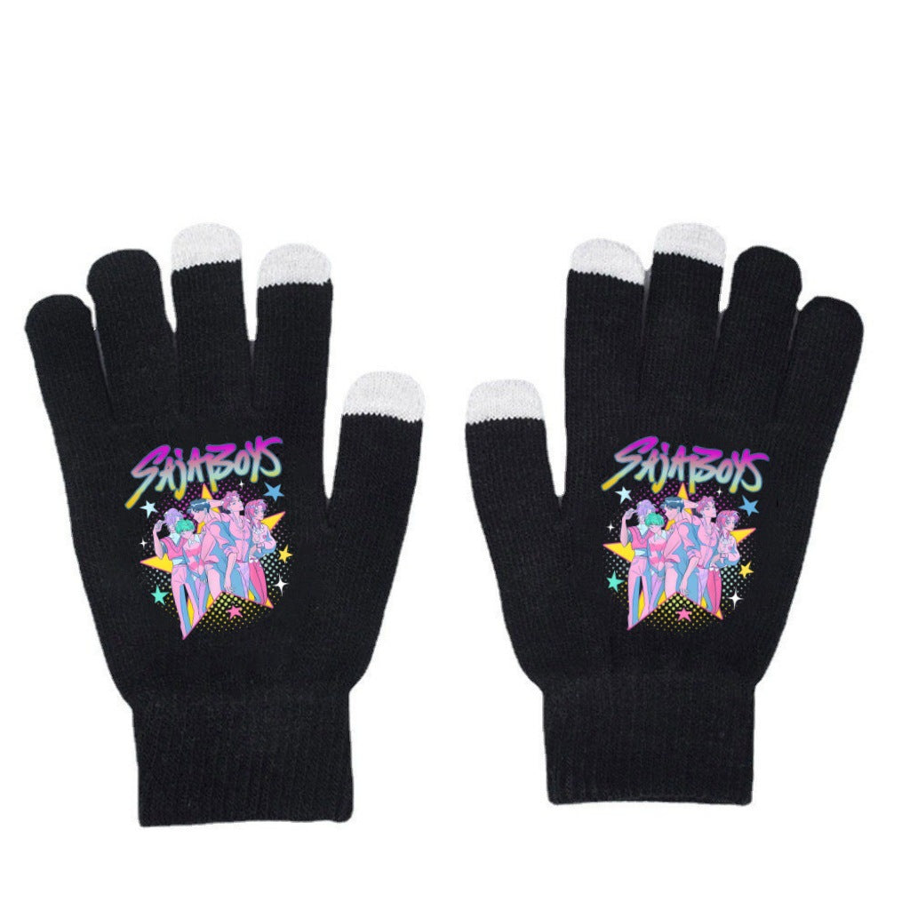 K-Pop Demon Hunters Kids Gloves for Boys and Girls Warm Dopamine Style Knitted Printed Gloves for Fall and Winter