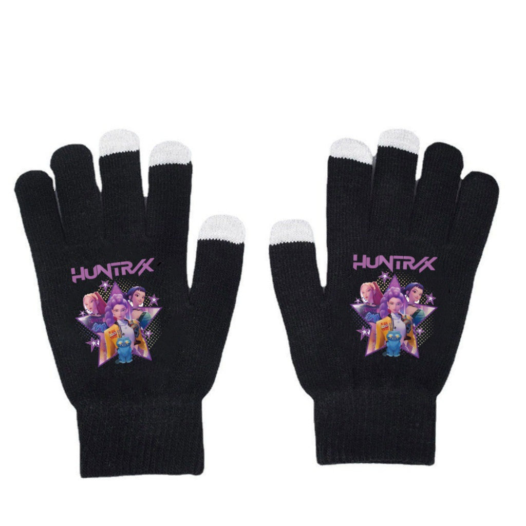 K-Pop Demon Hunters Kids Gloves for Boys and Girls Warm Dopamine Style Knitted Printed Gloves for Fall and Winter