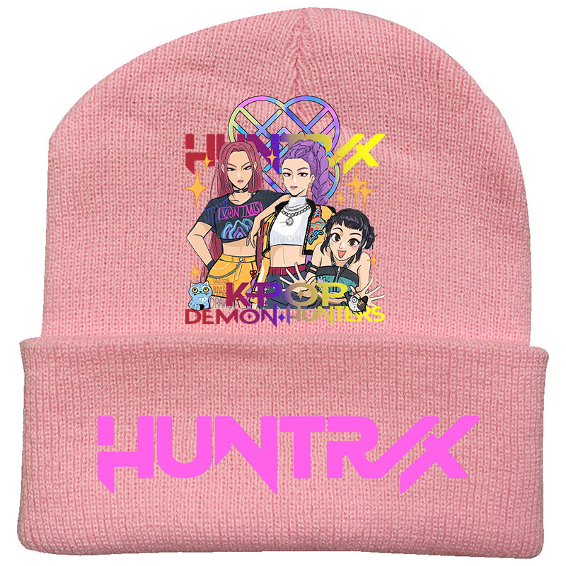 K-Pop Demon Hunters Anime Beanie, Fashion Knitted Cuffed Hat with Print, Outdoor Adult Winter Cap
