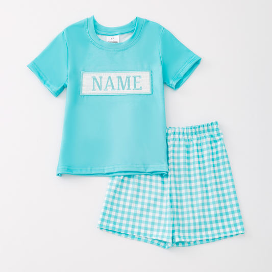 Boys Summer Custom Name Blue Plaid Romper Short Set