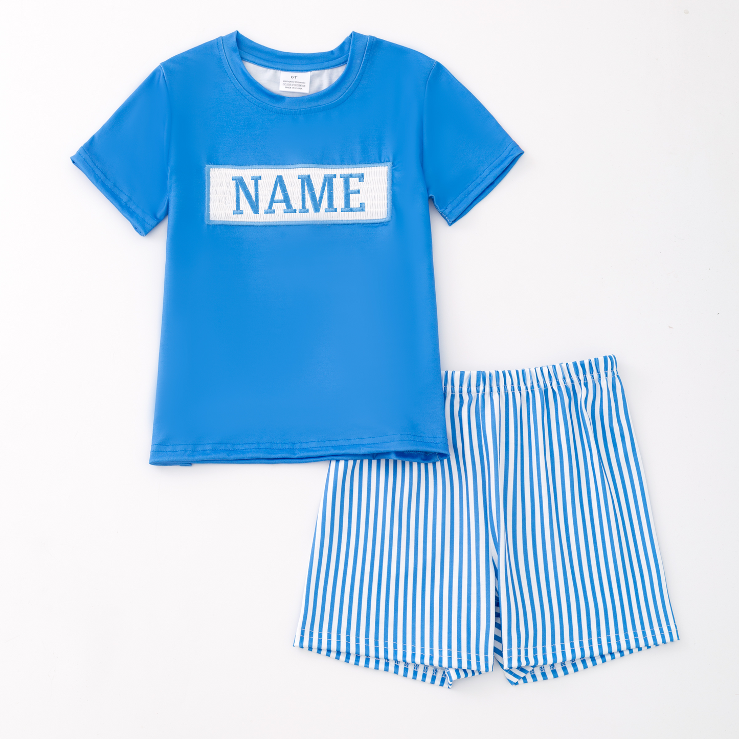 Boys Summer Smocked Custom Name Blue Stripes Short Set