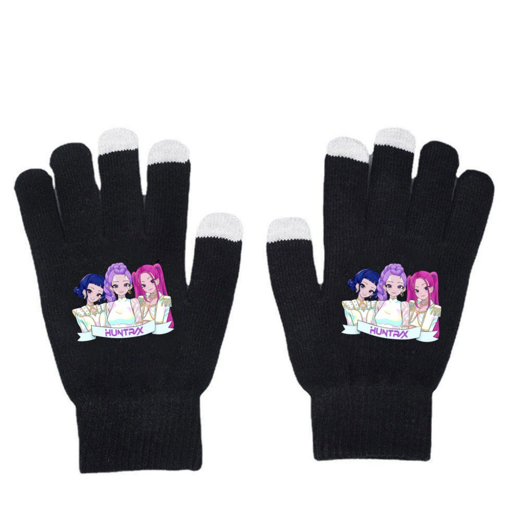 K-Pop Demon Hunters Kids Gloves for Boys and Girls Warm Dopamine Style Knitted Printed Gloves for Fall and Winter