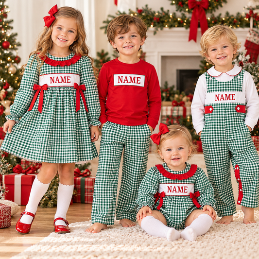 Personalized Christmas Green Gingham Smocked Outfits – Custom Name Embroidery Girls Dress, Baby Romper & Boys Pants Set