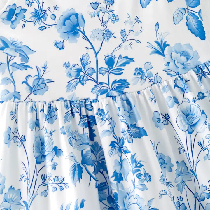 Women Summer Blue Floral Print Milk Silk Soft Dress