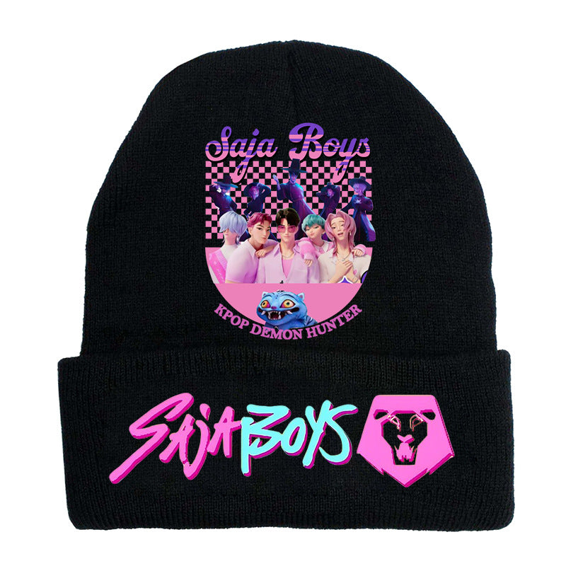 K-Pop Demon Hunters Anime Beanie, Fashion Knitted Cuffed Hat with Print, Outdoor Adult Winter Cap