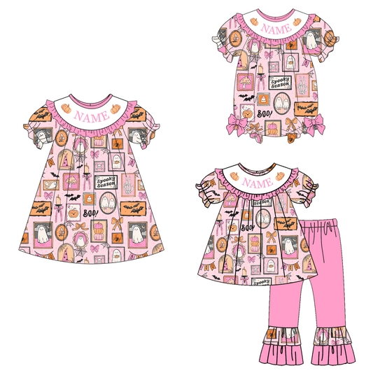 Personalized Pink Halloween Boutique Collection | Custom Name Ghost & Pumpkin Dress, Bubble Romper & Ruffle Pants Set
