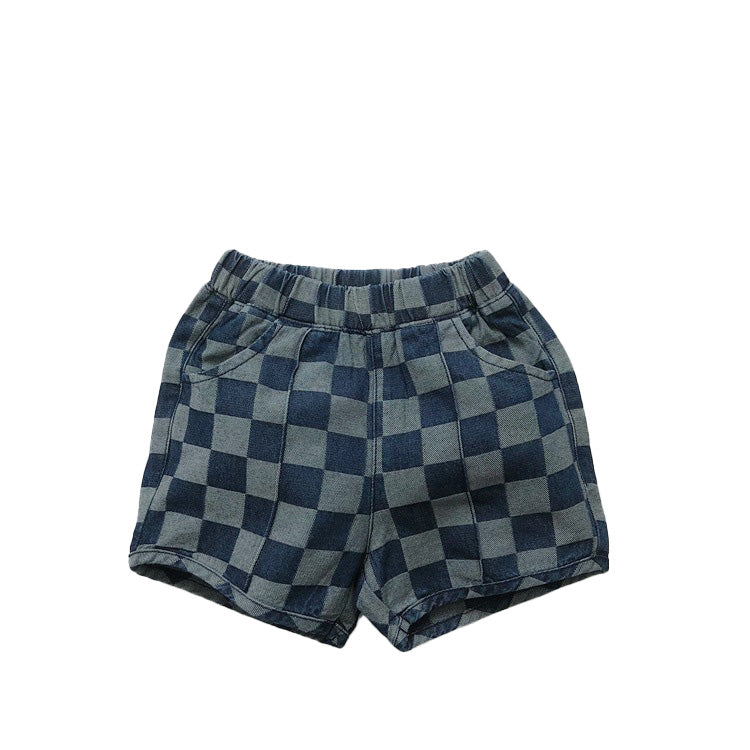 Summer Boys' Checkered Elastic Waist Pocket Denim Shorts
