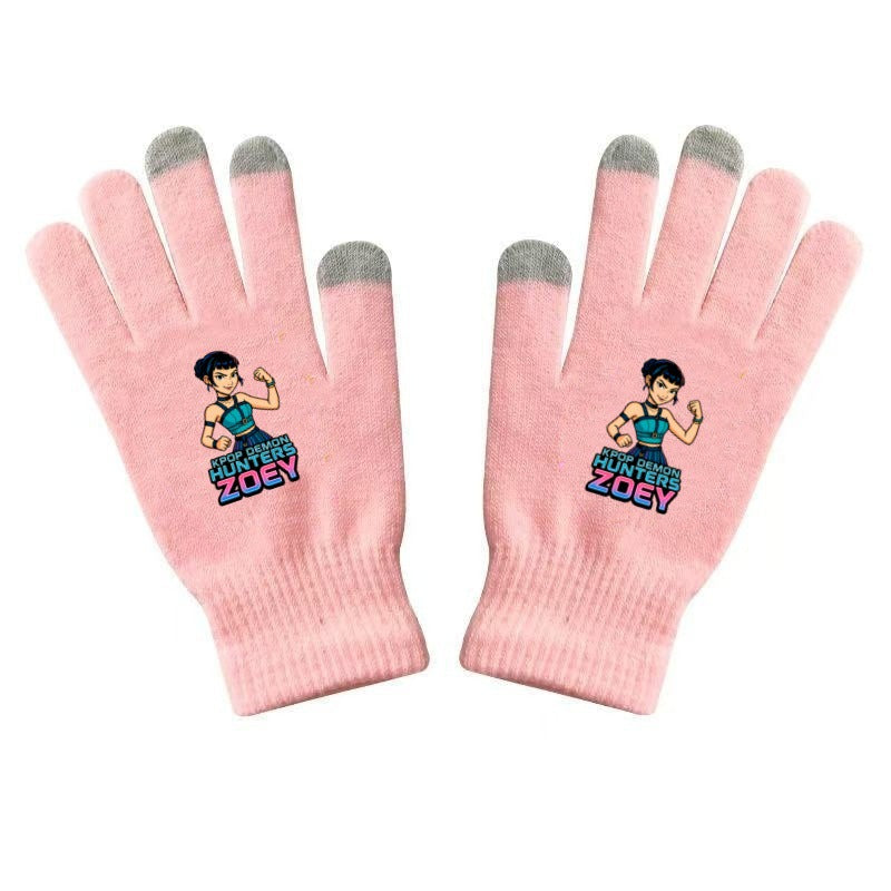 K-Pop Demon Hunters Kids Gloves for Boys and Girls Warm Dopamine Style Knitted Printed Gloves for Fall and Winter
