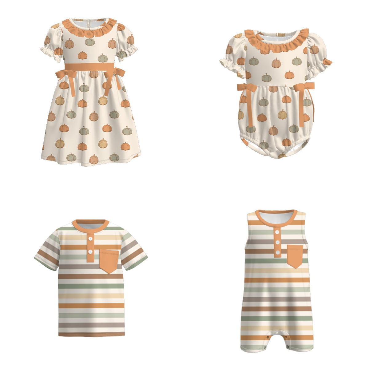 Kids Fall Autumn Orange Pumpkin Striped Dress Romper Top Sibling Clothes