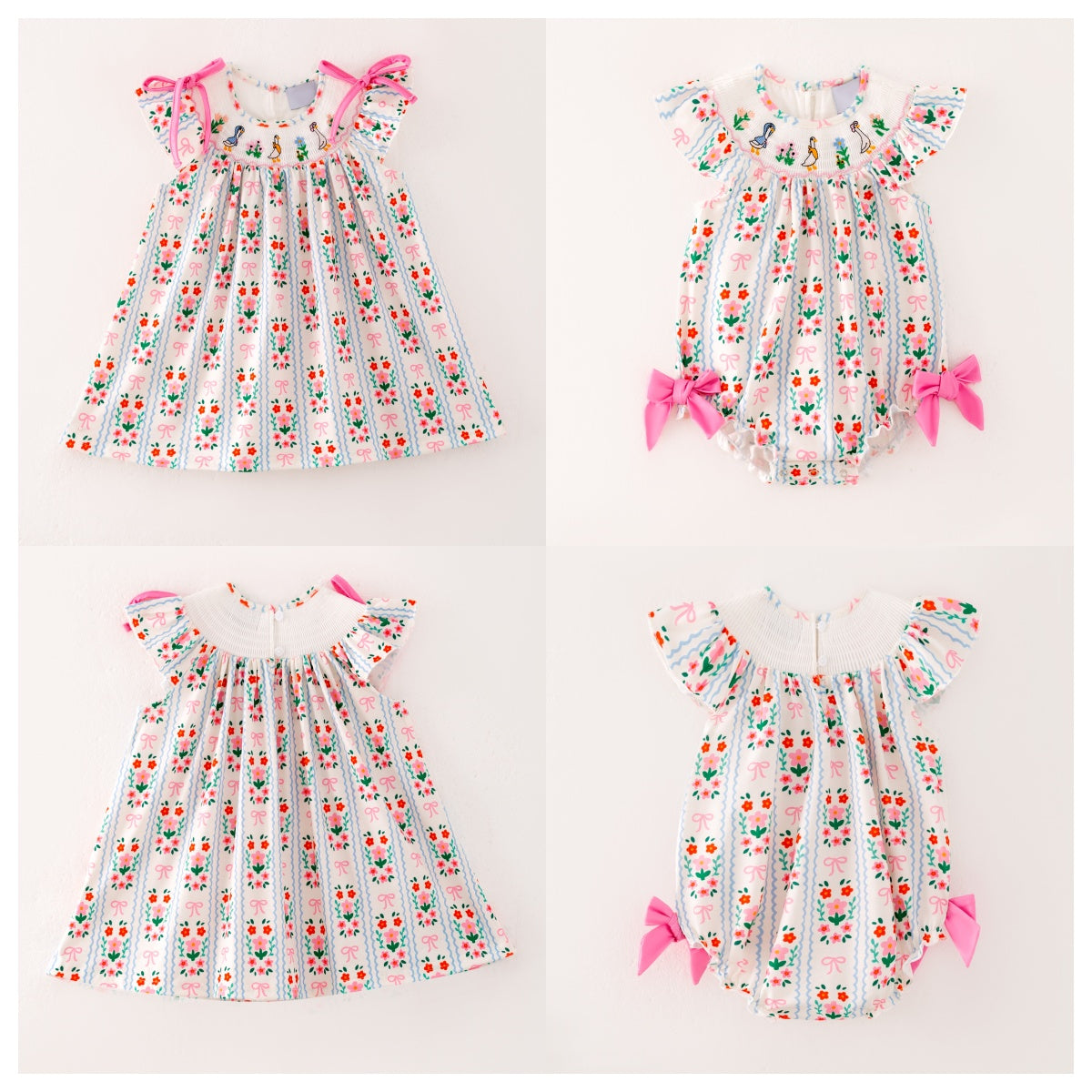 Girls Summer Pink Floral Silly Goose Embroidery Smock Dress Romper