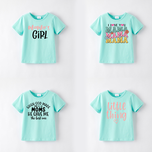 Mother's Day Girls Mommy And Me Blue Print Cotton T-Shirt