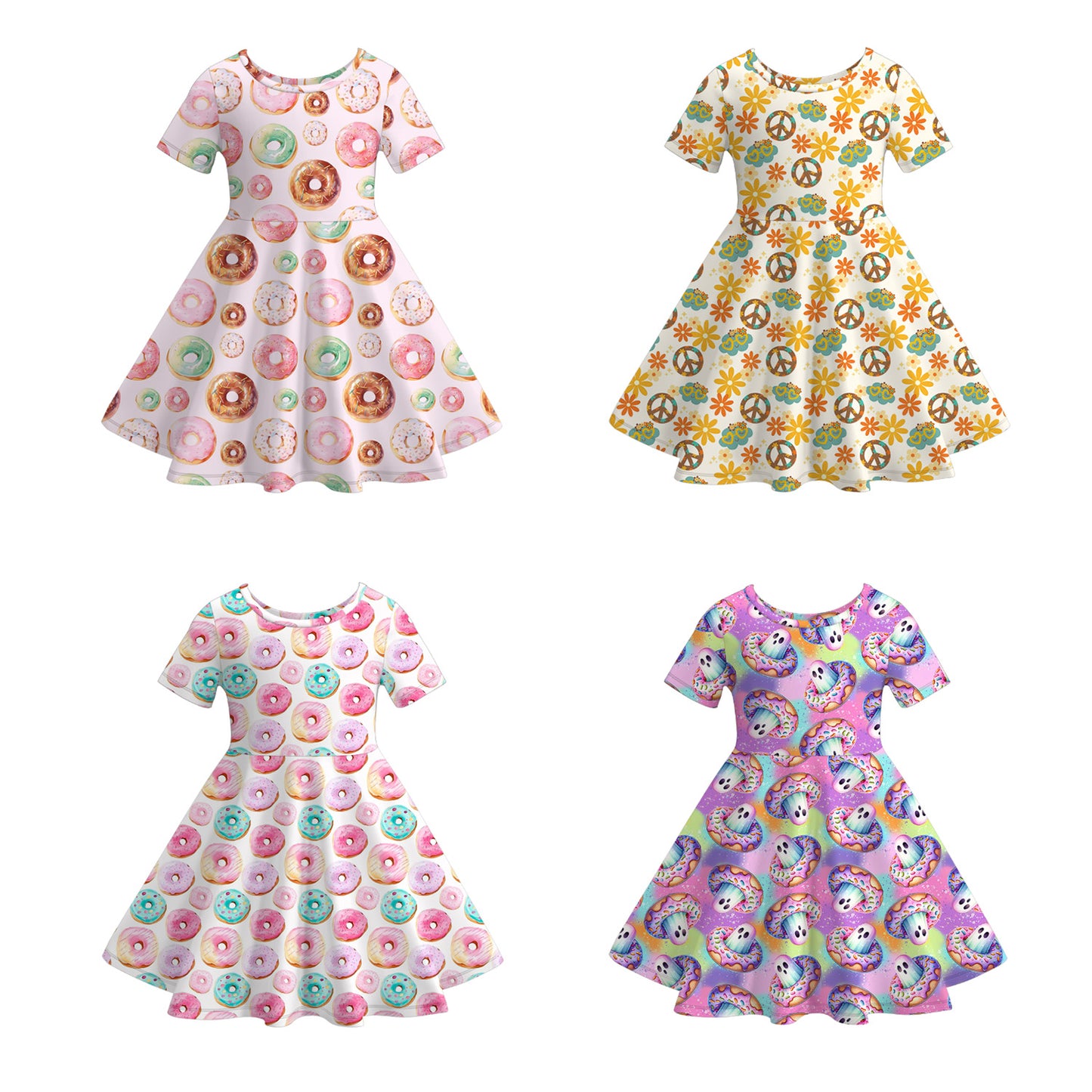 Girls Fall Doughnut Floral Ghost Print Short Sleeves Twirl Dress