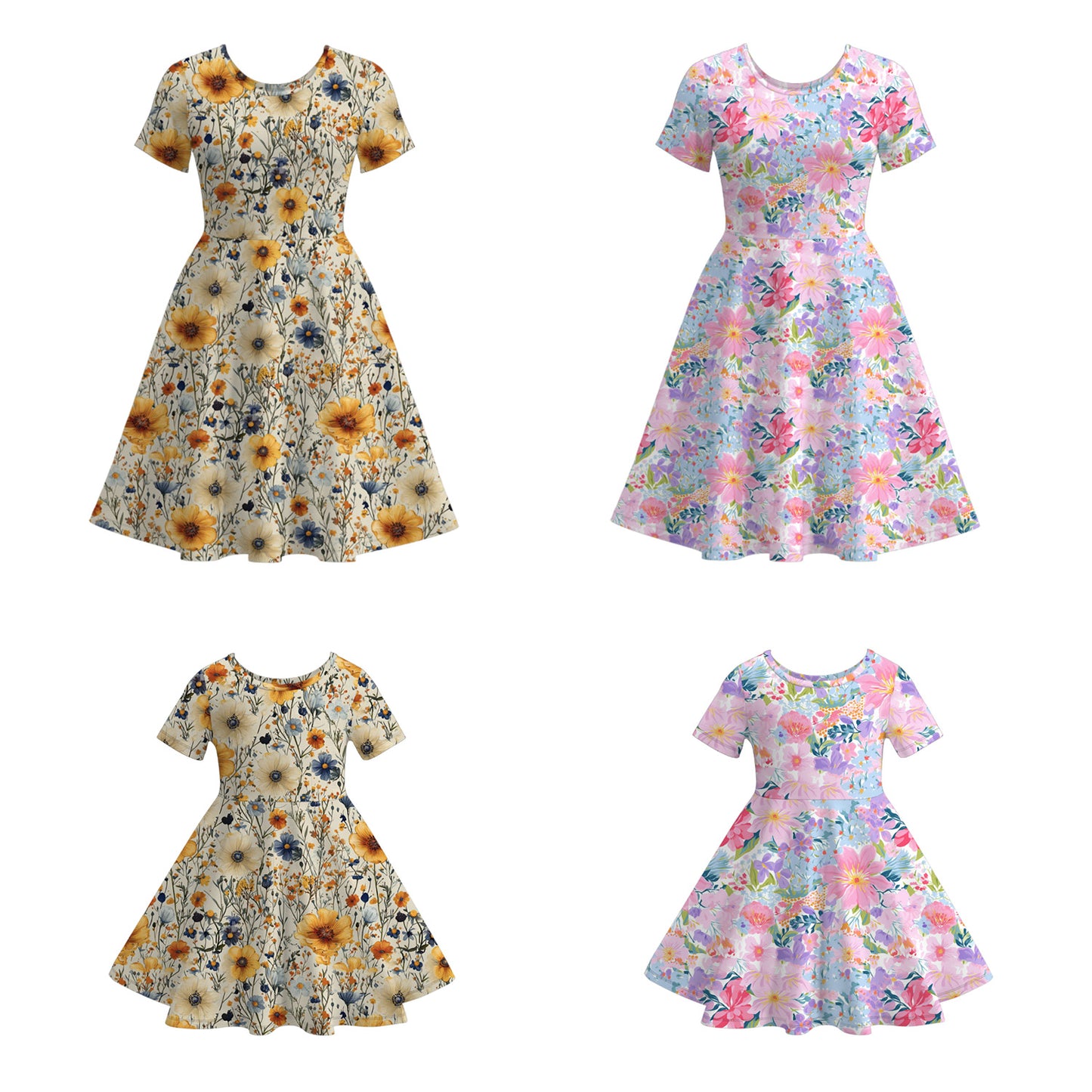 Mommy And Me Summer Fall Floral Print Soft Twirl Dress