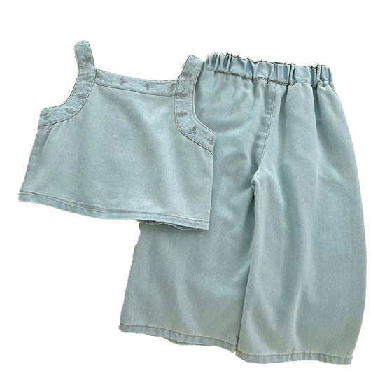 Girls' Denim Set Embroidered Sleeveless Top & Loose Jeans