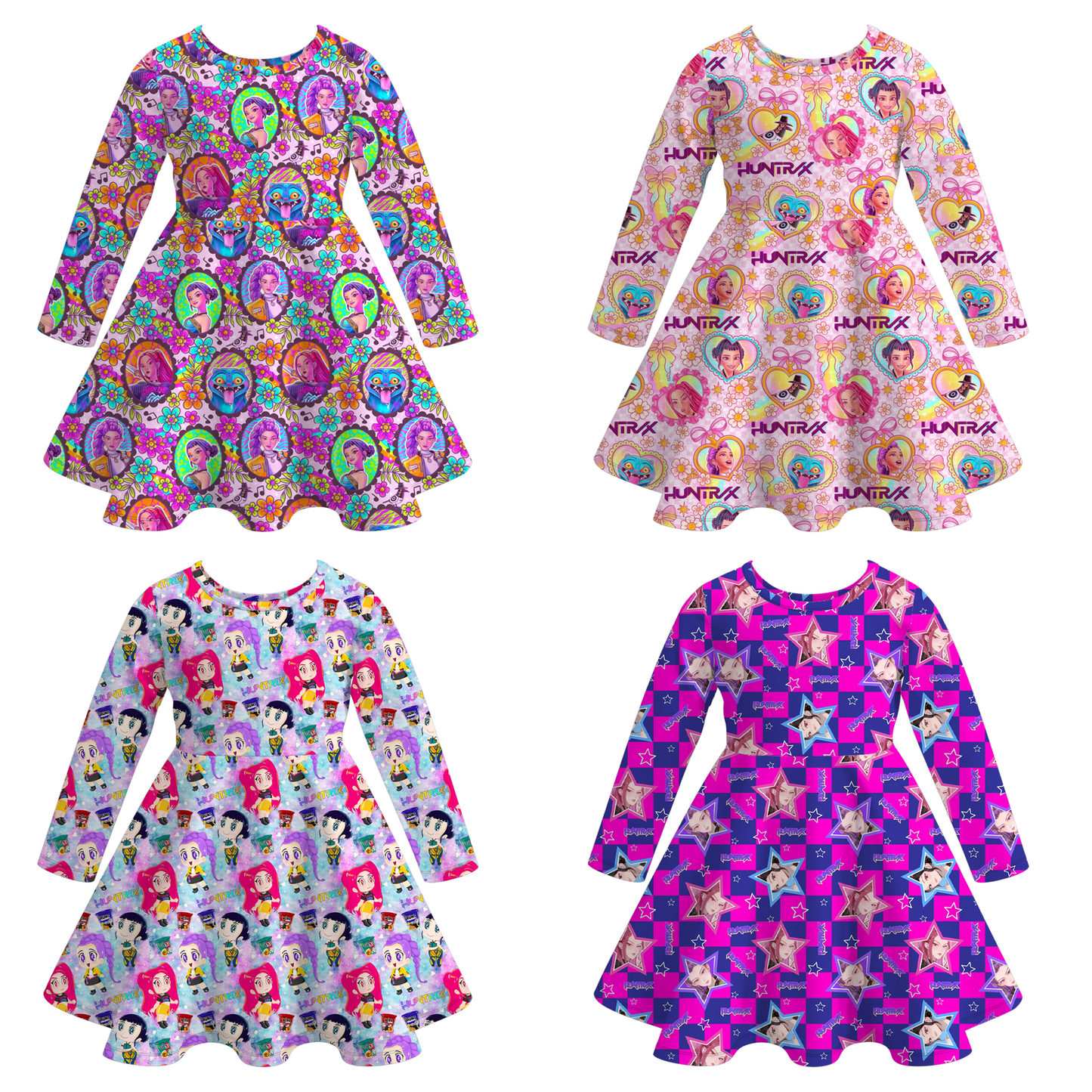 Girls Kpop Demon Hunter Print Long Sleeves Twirl Dress
