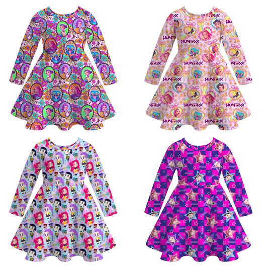 Girls Kpop Demon Hunter Print Long Sleeves Twirl Dress