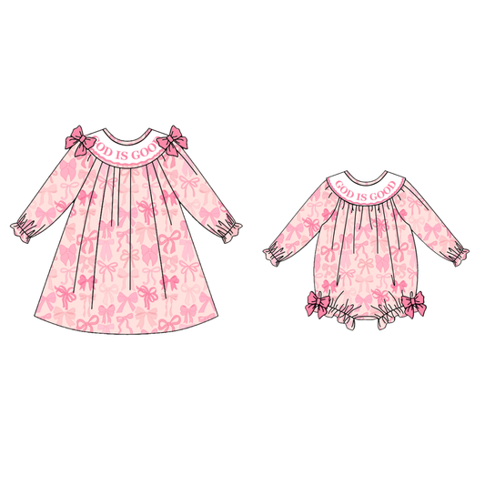Girls Fall God Is Good Embroidery Smock Pink Bow Dress & Bubble