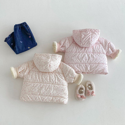2025 Winter Girls’ Floral Cotton Coat Hooded Padded Jacket with Bow Decor