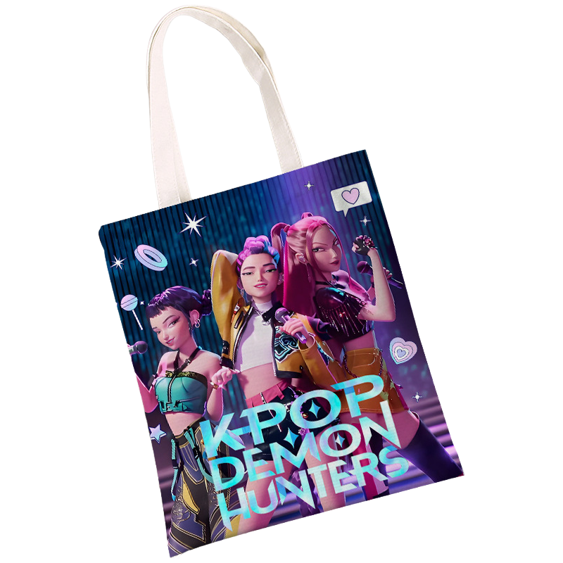K-Pop Demon Hunters & Fansa Boy Group Double-Sided Printed Canvas Tote Bag, Large Capacity Shoulder Bag