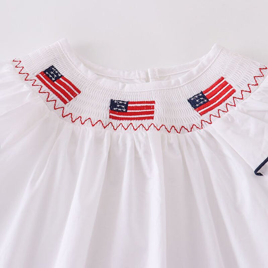 Girls July 4th Patriotic Flag Smocked Embroidery Dress