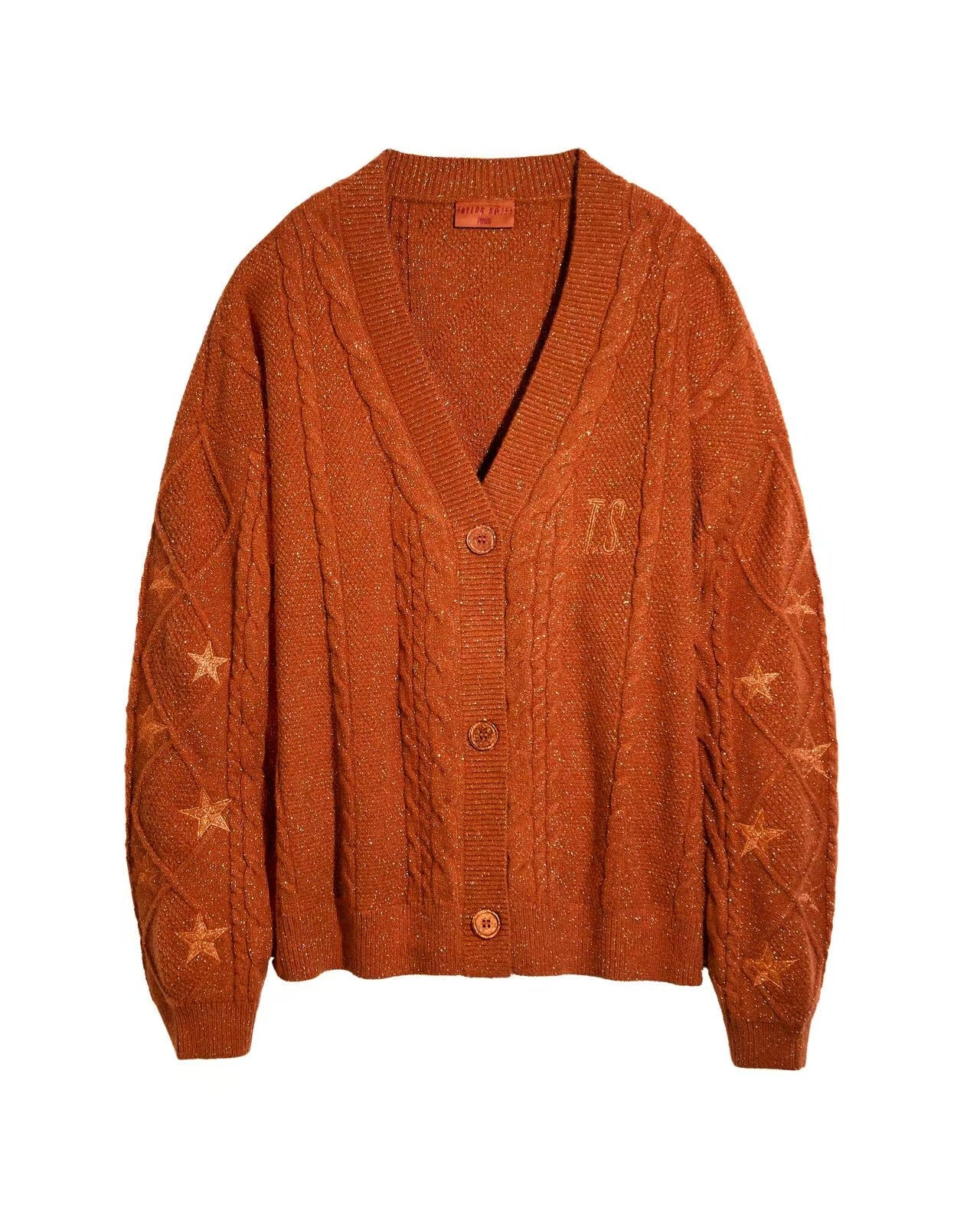 Taylor Swift “The Life of a Showgirl” Orange Cardigan Embroidered Star Loose Fit Knit Button Sweater Album Merch