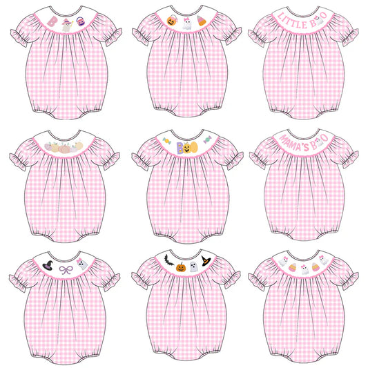 Baby Girls Halloween Pink Plaid Smocked Embroidery Bubbles