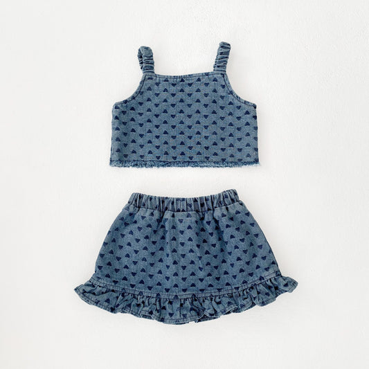 Summer Baby Girl Set Button Decor Heart Denim Top Skirt