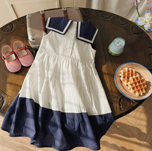 Girls Sailboat Embroidered Smocked Cotton Sleeveless Dress with Peter Pan Collar