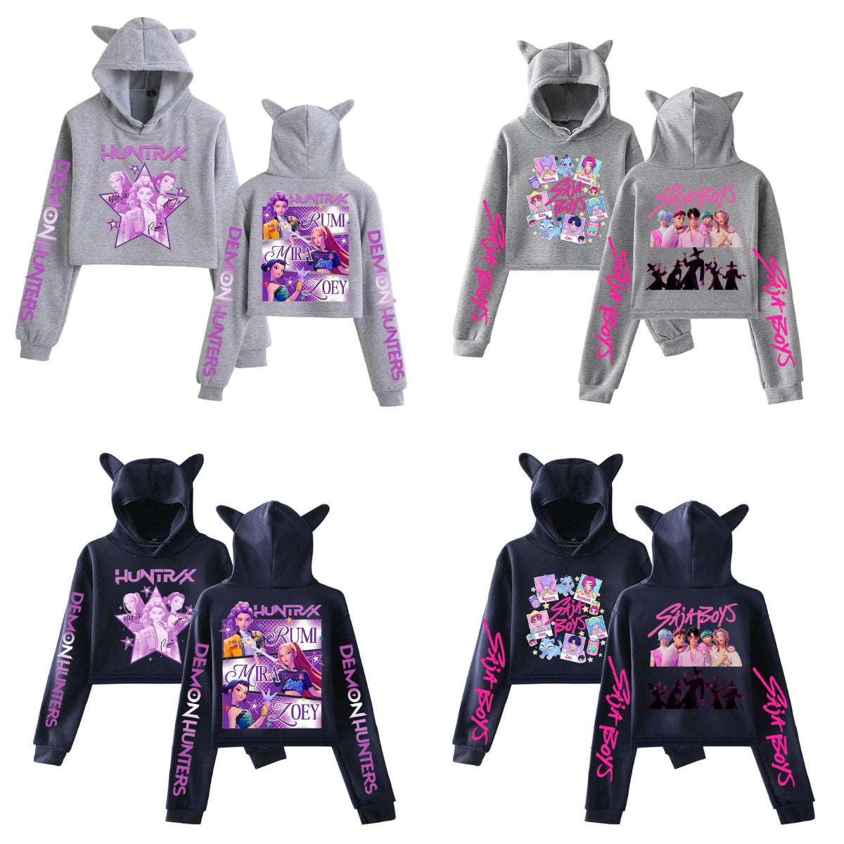 K-Pop Demon Hunters Printed Pink Navy Cat Ear Short Hoodie Anime Sweatshirt for Fall and Winter