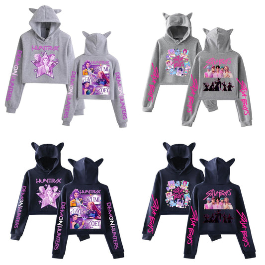 K-Pop Demon Hunters Printed Pink Navy Cat Ear Short Hoodie Anime Sweatshirt for Fall and Winter