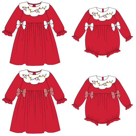 Christmas Lights Embroidered Sibling Set – Holiday Dress & Bubble