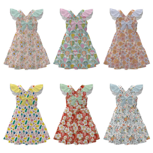 Summer Girls Floral Bunny Lemon Balloon Print Bow Dress
