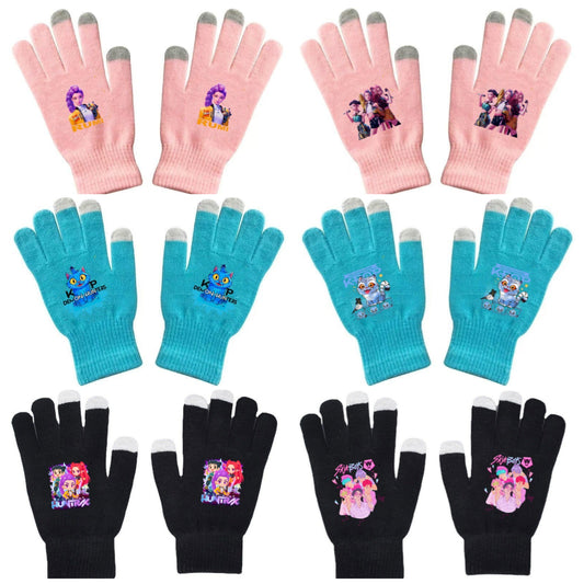 K-Pop Demon Hunters Kids Gloves for Boys and Girls Warm Dopamine Style Knitted Printed Gloves for Fall and Winter