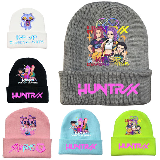 K-Pop Demon Hunters Anime Beanie, Fashion Knitted Cuffed Hat with Print, Outdoor Adult Winter Cap