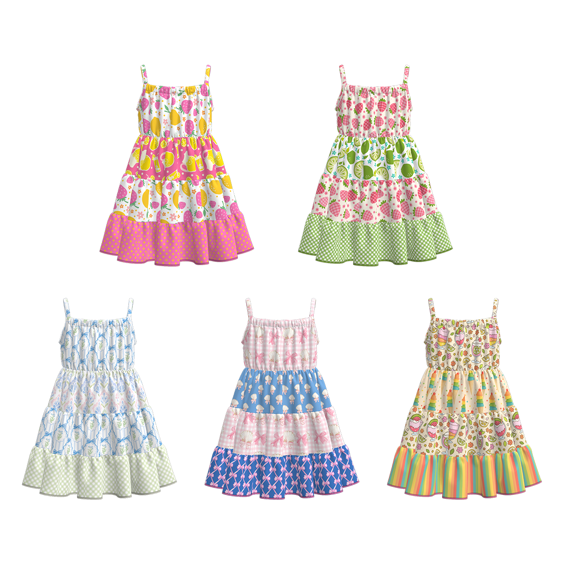 Toddler Girls Summer Fruit Bow Print Patchwork Slip Dress