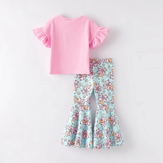 Girls Back To School Pencil Print Pink Cotton Top Pant Set