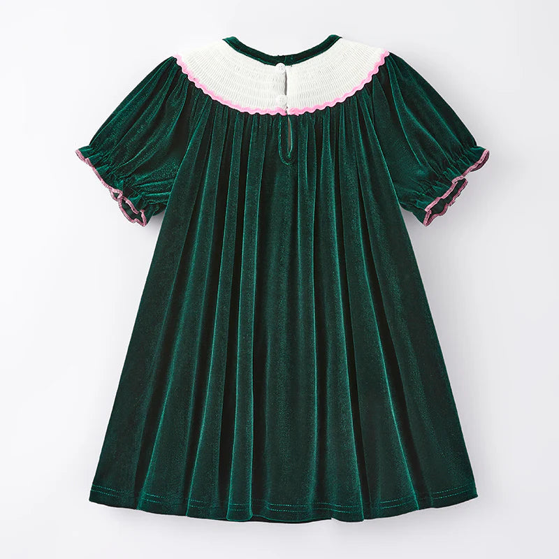 Girls Christmas Green Red Reindeer Santa Embroidery Dress Romper