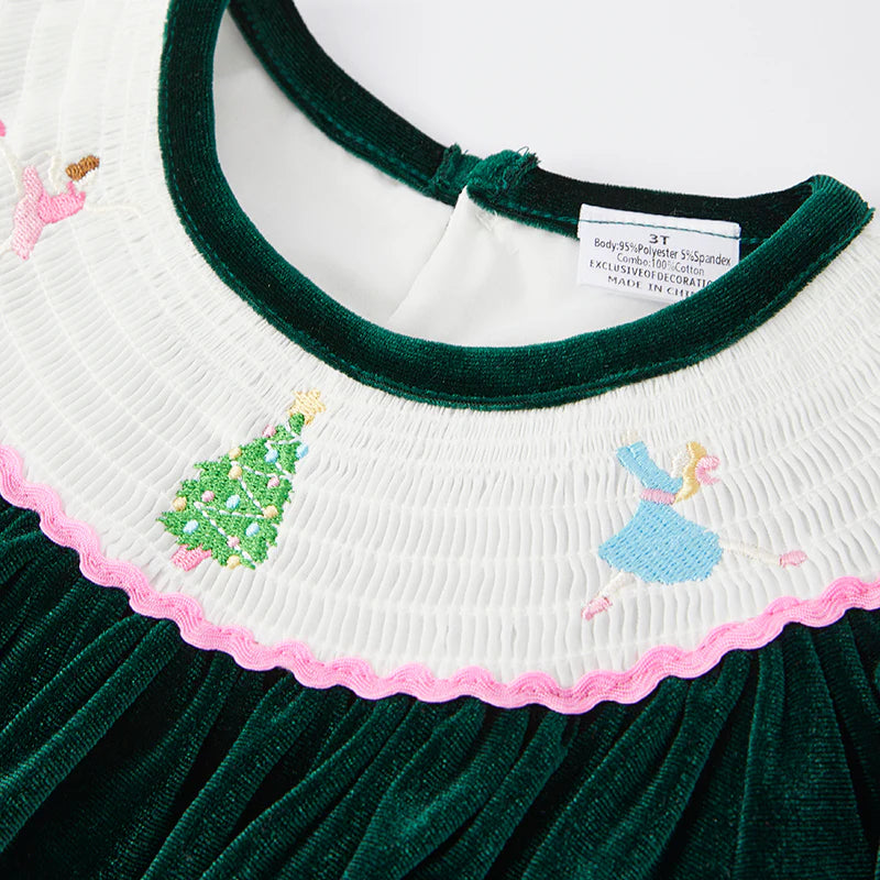 Girls Christmas Green Red Reindeer Santa Embroidery Dress Romper